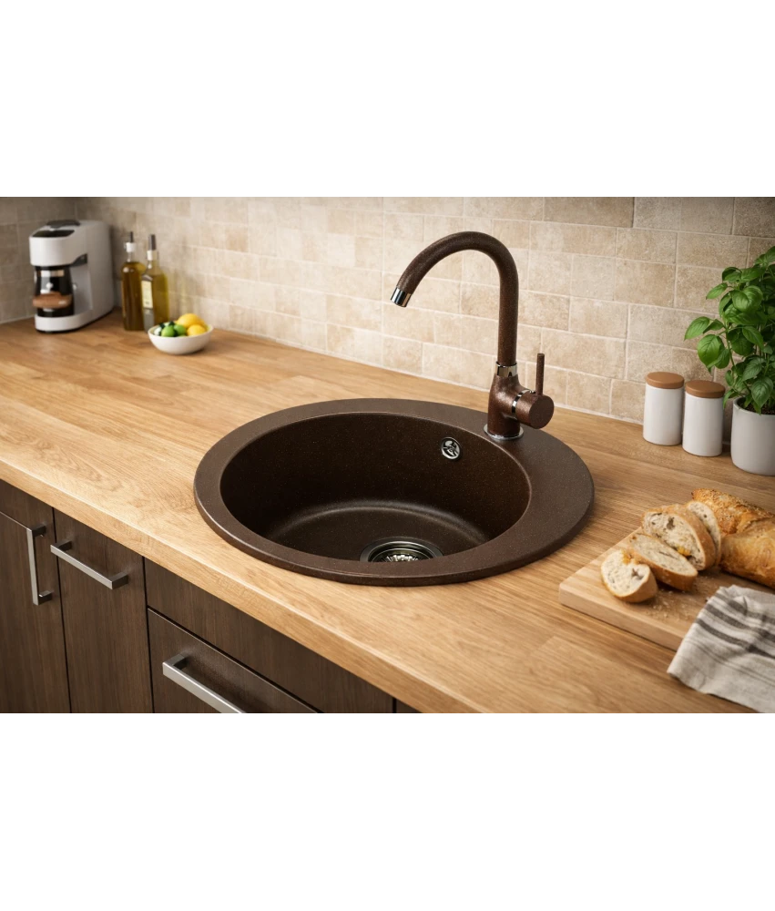 Zlewozmywak jednokomorowy VIVA brąz metalik + bateria NOON