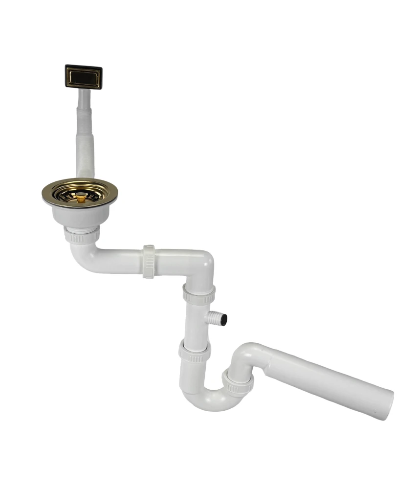 Syfon złoty do zlewu  3,5` przyścienny z prostokątnym przelewem