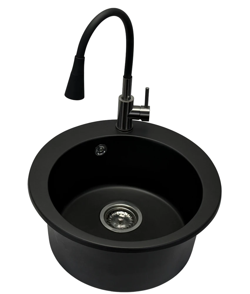 Zlewozmywak jednokomorowy VIVA czarny + bateria flex dwustrumieniowa