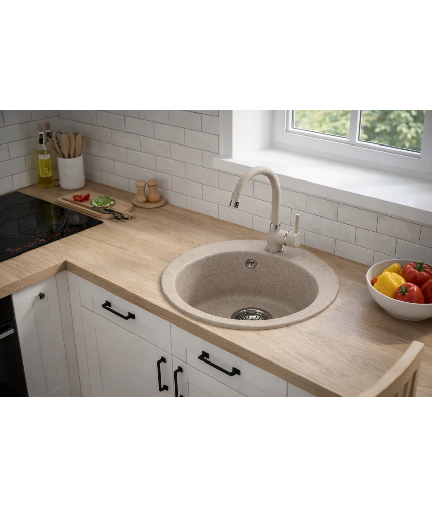 Zlewozmywak jednokomorowy VIVA beż + bateria NOON