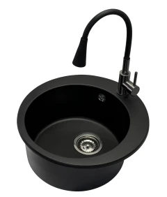 Zlewozmywak jednokomorowy VIVA czarny + bateria flex dwustrumieniowa