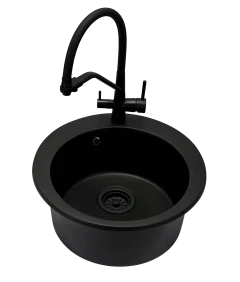 Zlewozmywak jednokomorowy VIVA czarny + bateria trójdrożna z wyciąganą wylewką + czarny syfon
