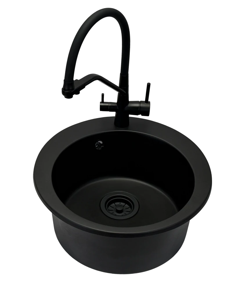 Zlewozmywak jednokomorowy VIVA czarny + bateria trójdrożna z wyciąganą wylewką + czarny syfon