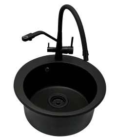 Zlewozmywak jednokomorowy VIVA czarny + bateria trójdrożna z wyciąganą wylewką + czarny syfon