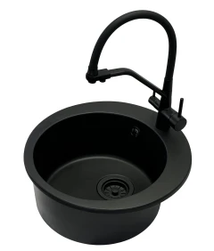 Zlewozmywak jednokomorowy VIVA czarny + bateria trójdrożna z wyciąganą wylewką + czarny syfon