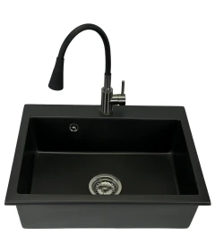 Zlewozmywak jednokomorowy ELAN czarny + bateria Flex LAGUNA