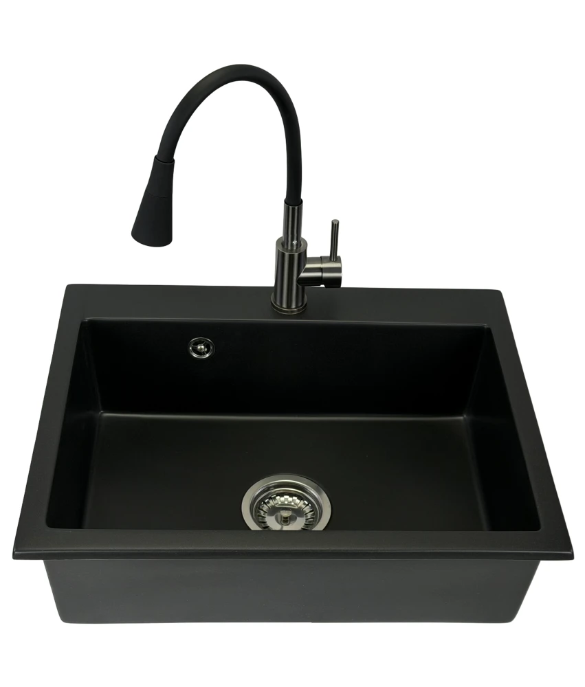 Zlewozmywak jednokomorowy ELAN czarny + bateria Flex LAGUNA