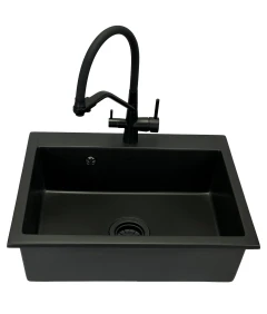 Zlewozmywak jednokomorowy ELAN czarny + bateria trójdrożna z wyciąganą wylewką + syfon czarny