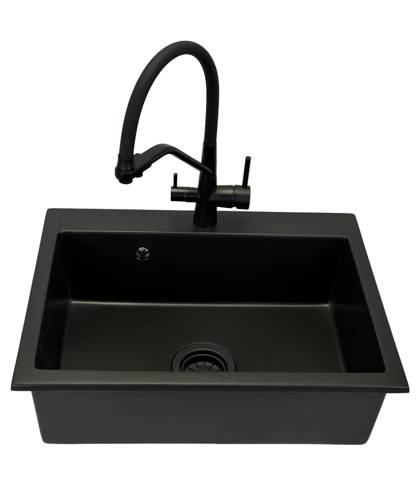 Zlewozmywak jednokomorowy ELAN czarny + bateria trójdrożna z wyciąganą wylewką + syfon czarny