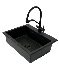 Zlewozmywak jednokomorowy ELAN czarny + bateria trójdrożna z wyciąganą wylewką + syfon czarny