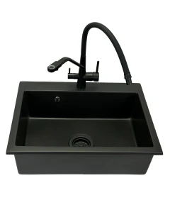 Zlewozmywak jednokomorowy ELAN czarny + bateria trójdrożna z wyciąganą wylewką + syfon czarny