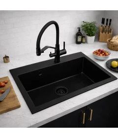 Zlewozmywak jednokomorowy ELAN czarny + bateria trójdrożna z wyciąganą wylewką + syfon czarny