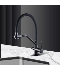 Zlewozmywak jednokomorowy ELAN czarny + bateria trójdrożna z wyciąganą wylewką + syfon czarny