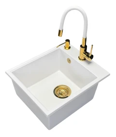 Zlewozmywak jednokomorowy COBALT biały + bateria flex LILLA złota + dozownik